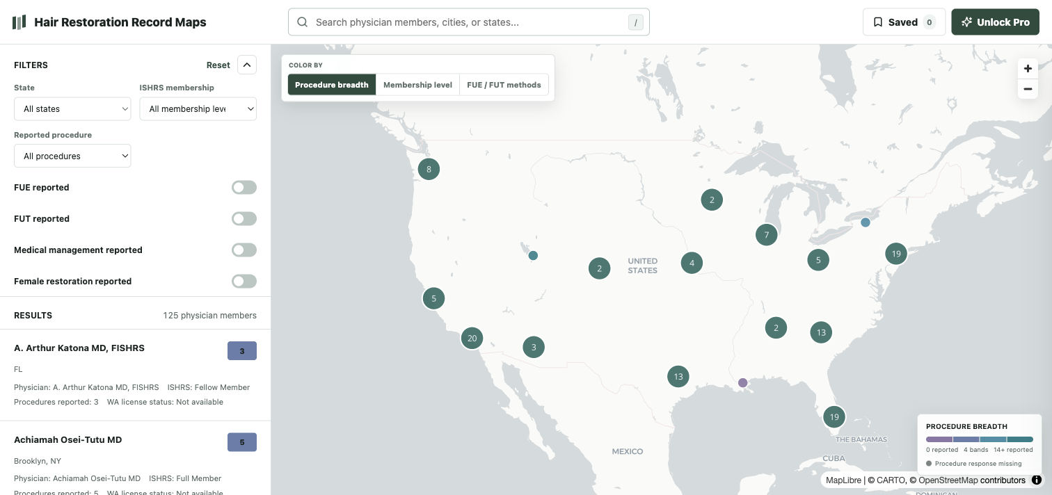 Hair restoration physician explorer colored by source-reported procedure breadth